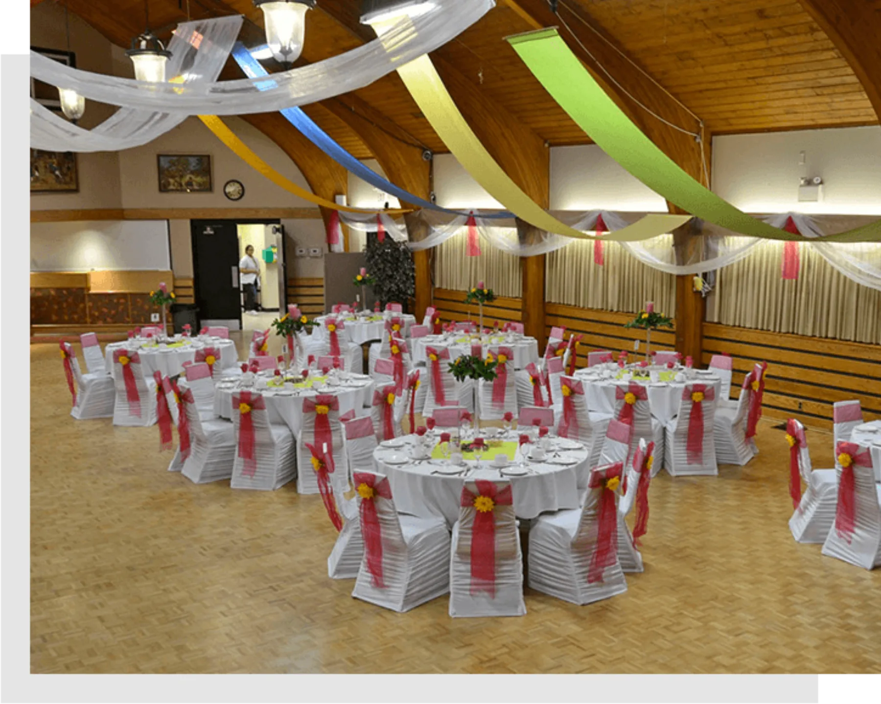 Hansa Haus hall arranged with tables and chairs